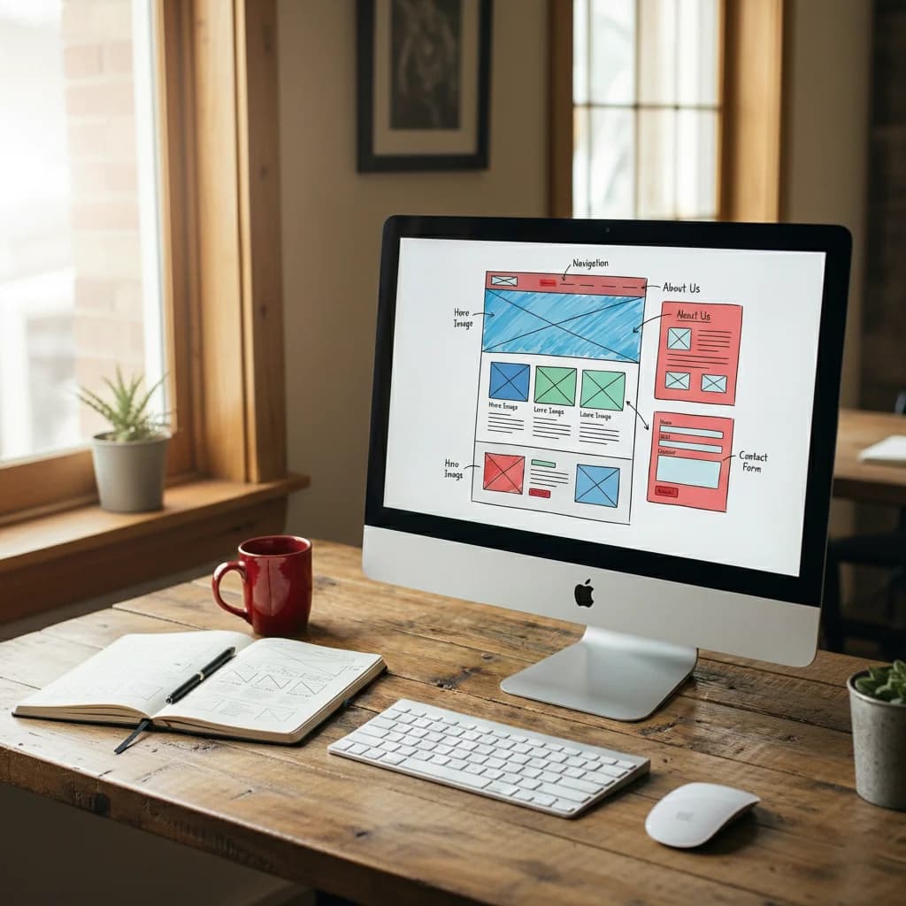 a desktop computer with wireframes on its screen
