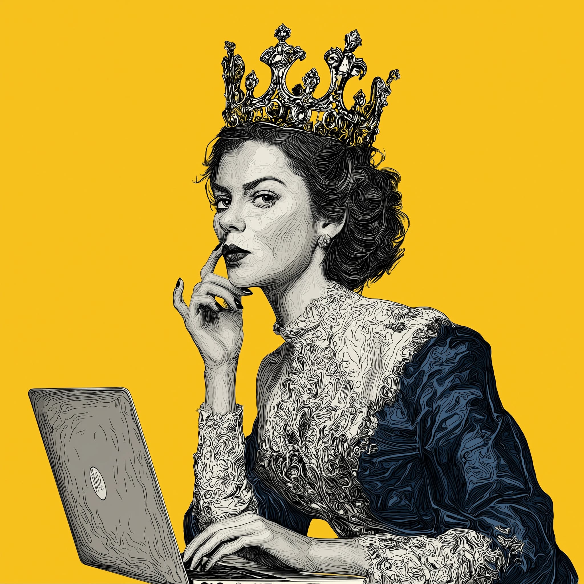 a queen on a laptop representing the feeling of royalty as a client of visualcreme website studios